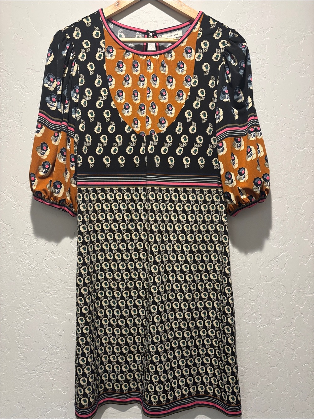 Max Studio Black Floral Mixed-Print Dress with Mustard Accents